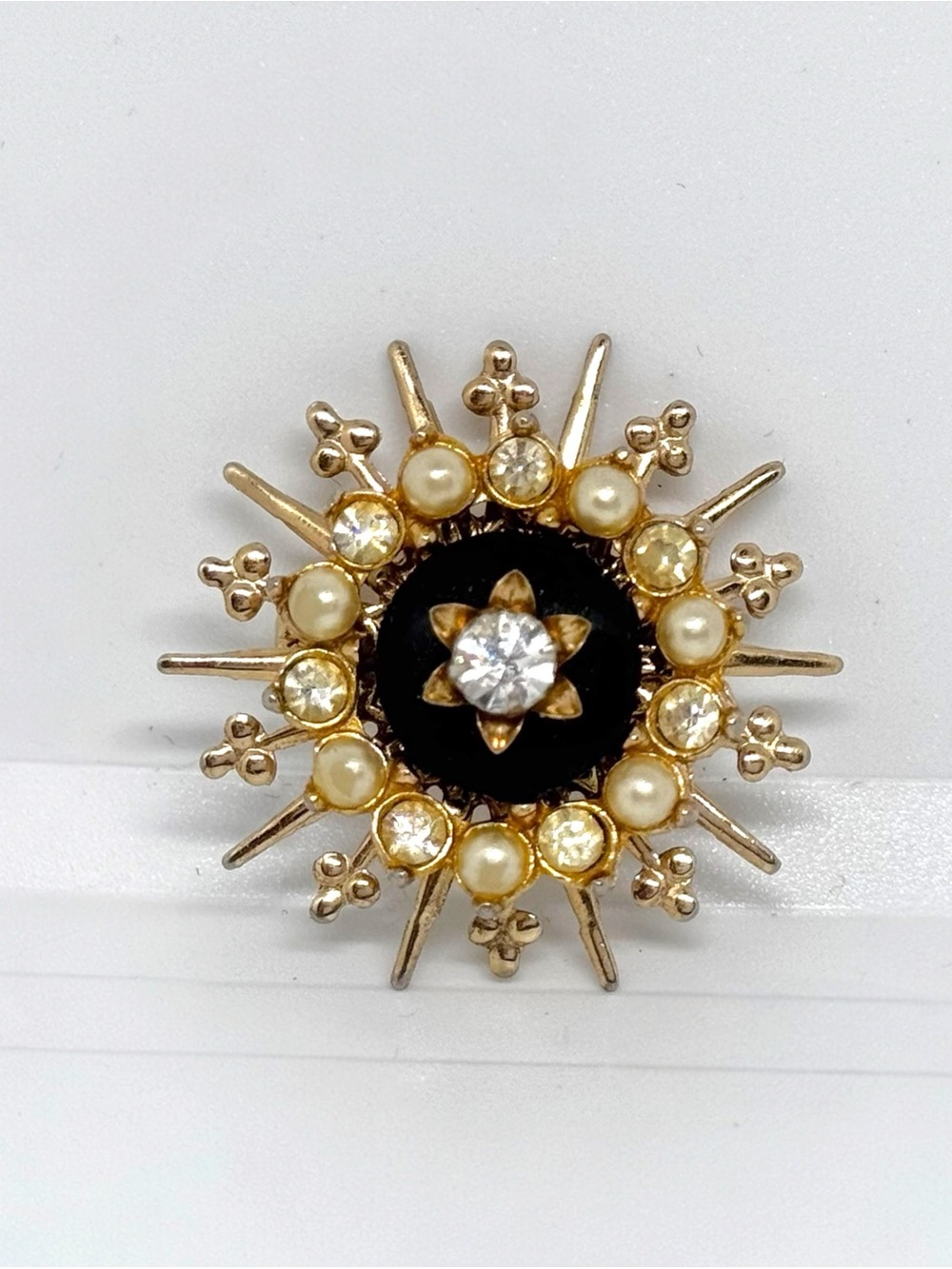 Vintage Emmons Crown Jewel 1950s Goldtone Starburst Faux Pearl Rhinestone Brooch